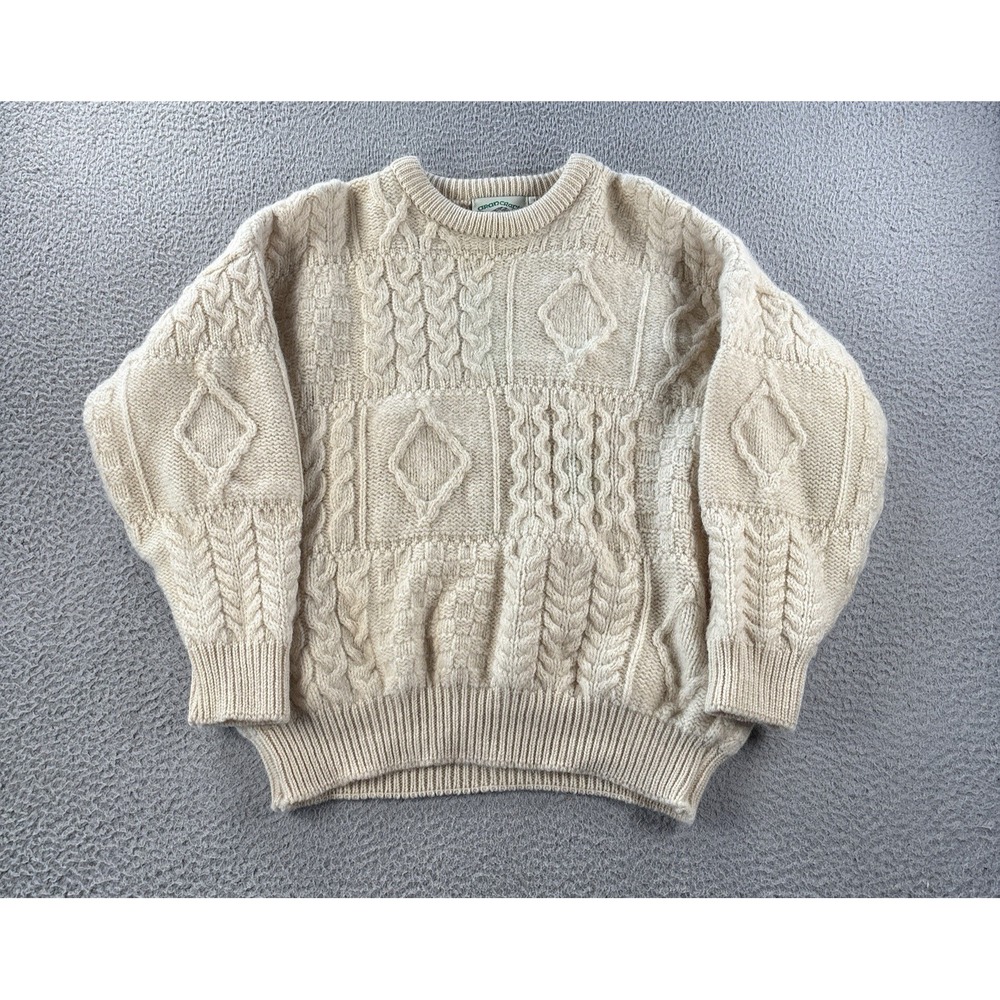 VTG Aran Crafts Sweater Womens L Wool Ivory Fisherman Cable Knit Lattice Ireland